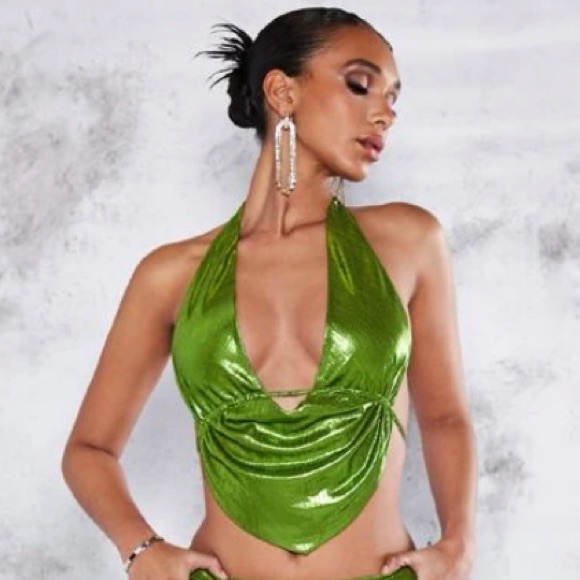 Lime Green Metallic Halter Top NWT Size S - Picture 3 of 12